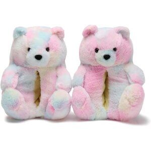 Women's Cute Fuzzy A07-pink Tie-dy Teddy Bear Slippers Cozy Cartoon Indoor Shoes